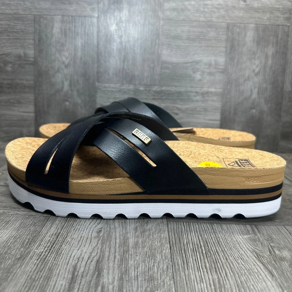 Reef Vista Hi Sandals Women 10 Black Platform Vegan Leather Cork Slide NEW